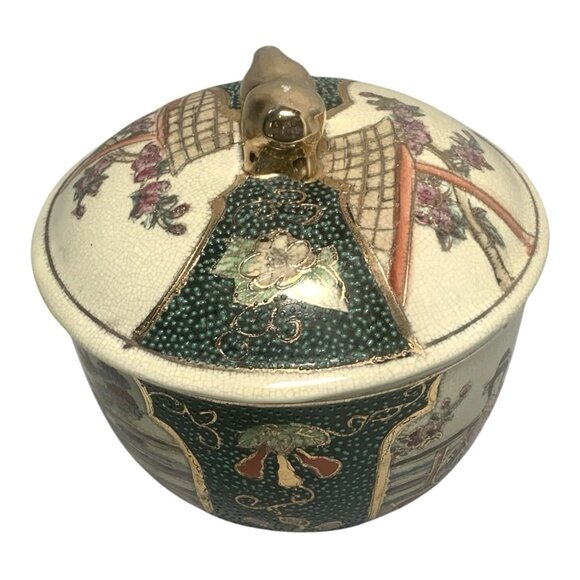 Royal Satsuma Vintage Hand-Painted Geisha Bowl with Lid Japanese Pottery 6"x6" - Picture 4 of 6